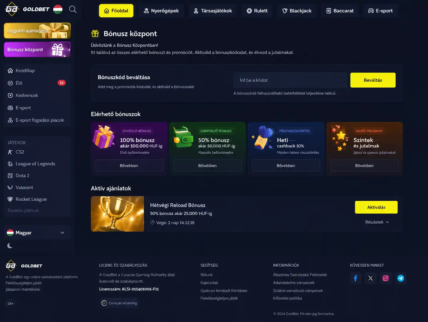 Goldbet bónuszközpont főoldala promóciós kód mezővel