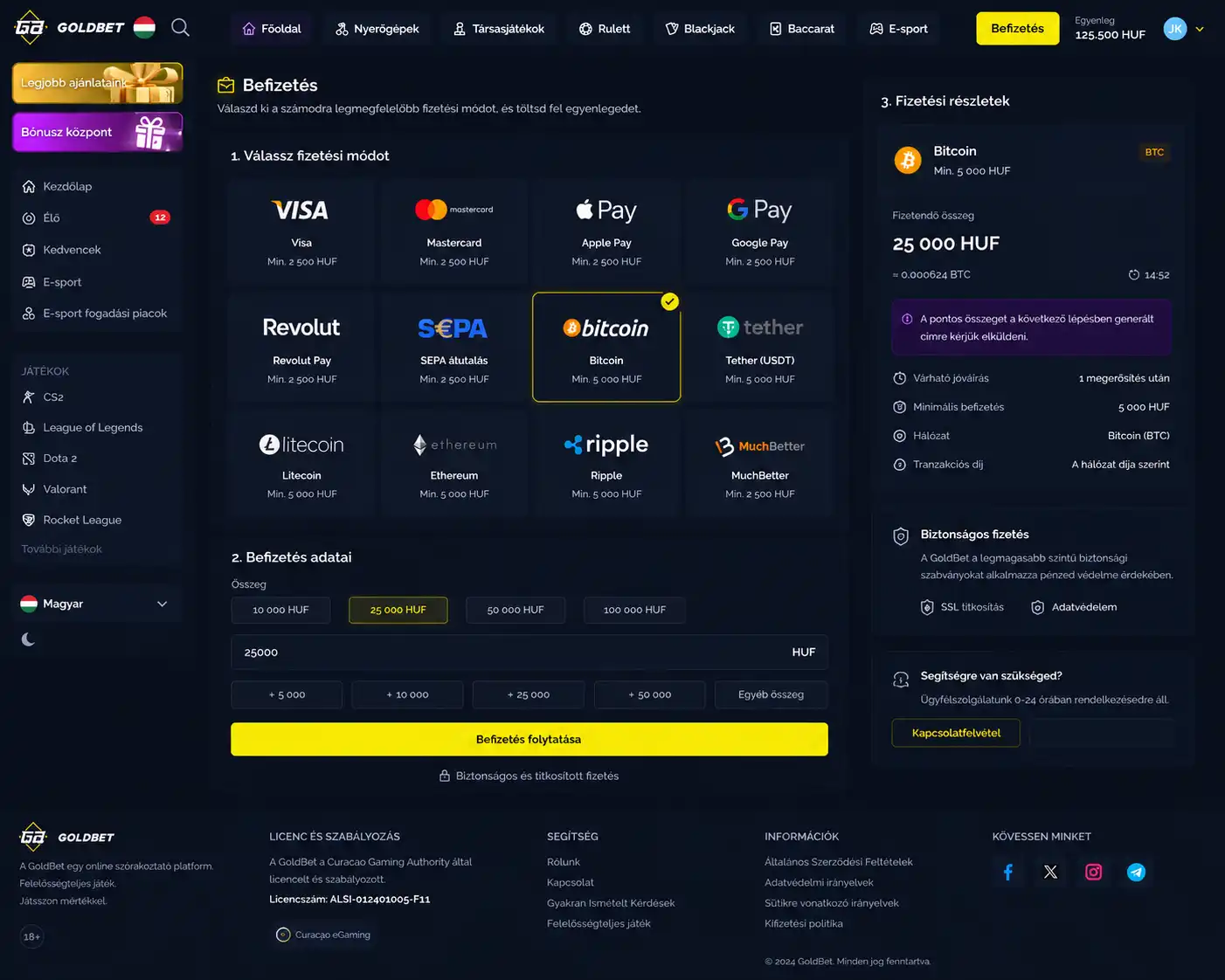 Goldbet kriptovalutás befizetés Bitcoin és USDT
