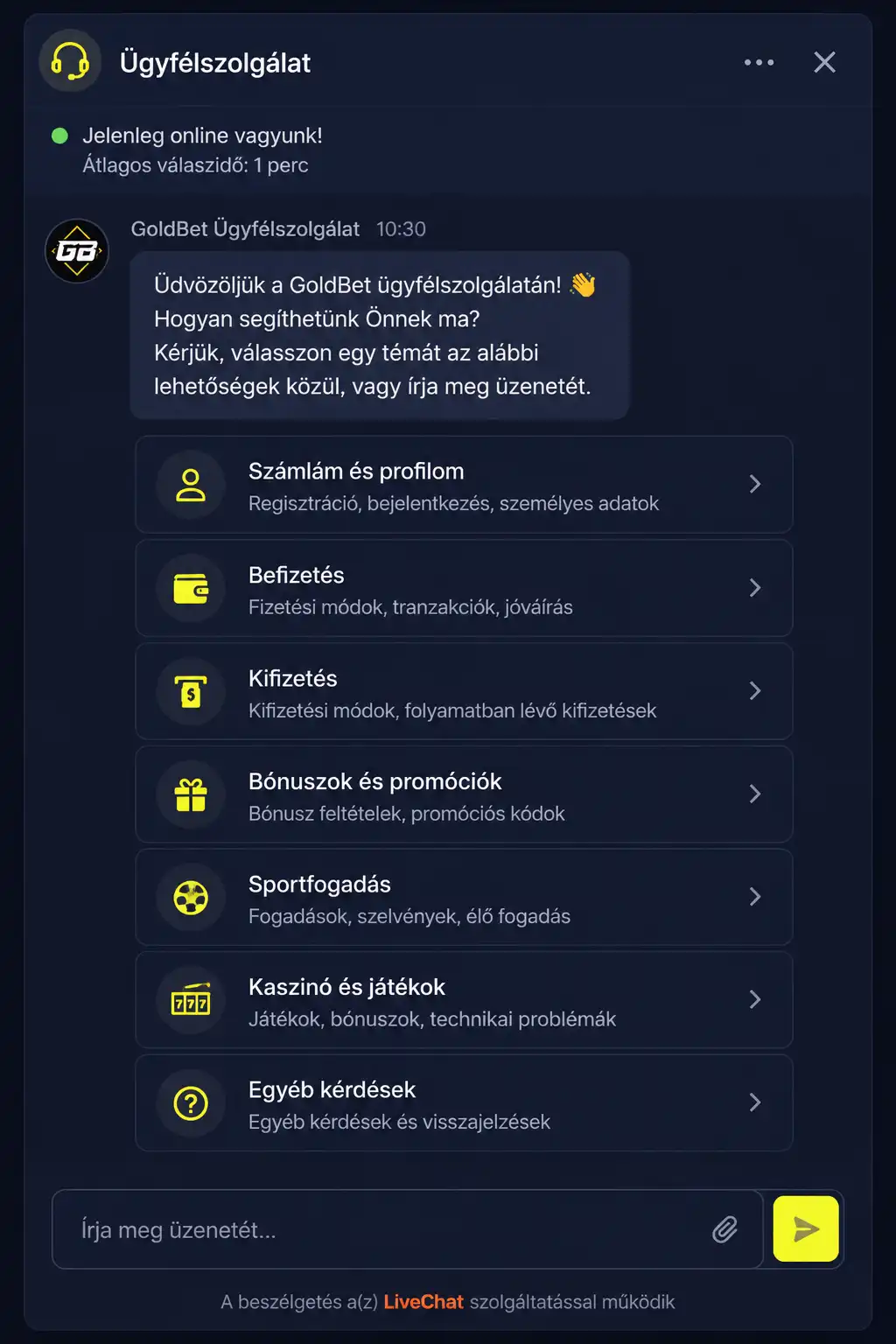 Goldbet élő chat ügyfélszolgálat