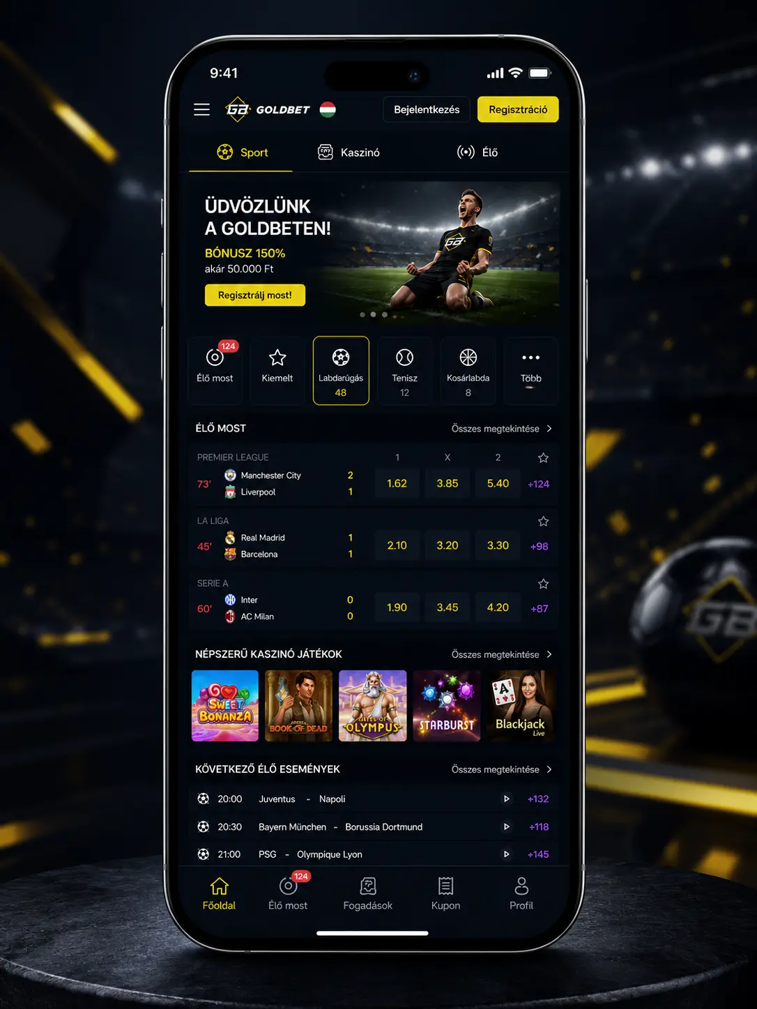 Goldbet alkalmazás főképernyő