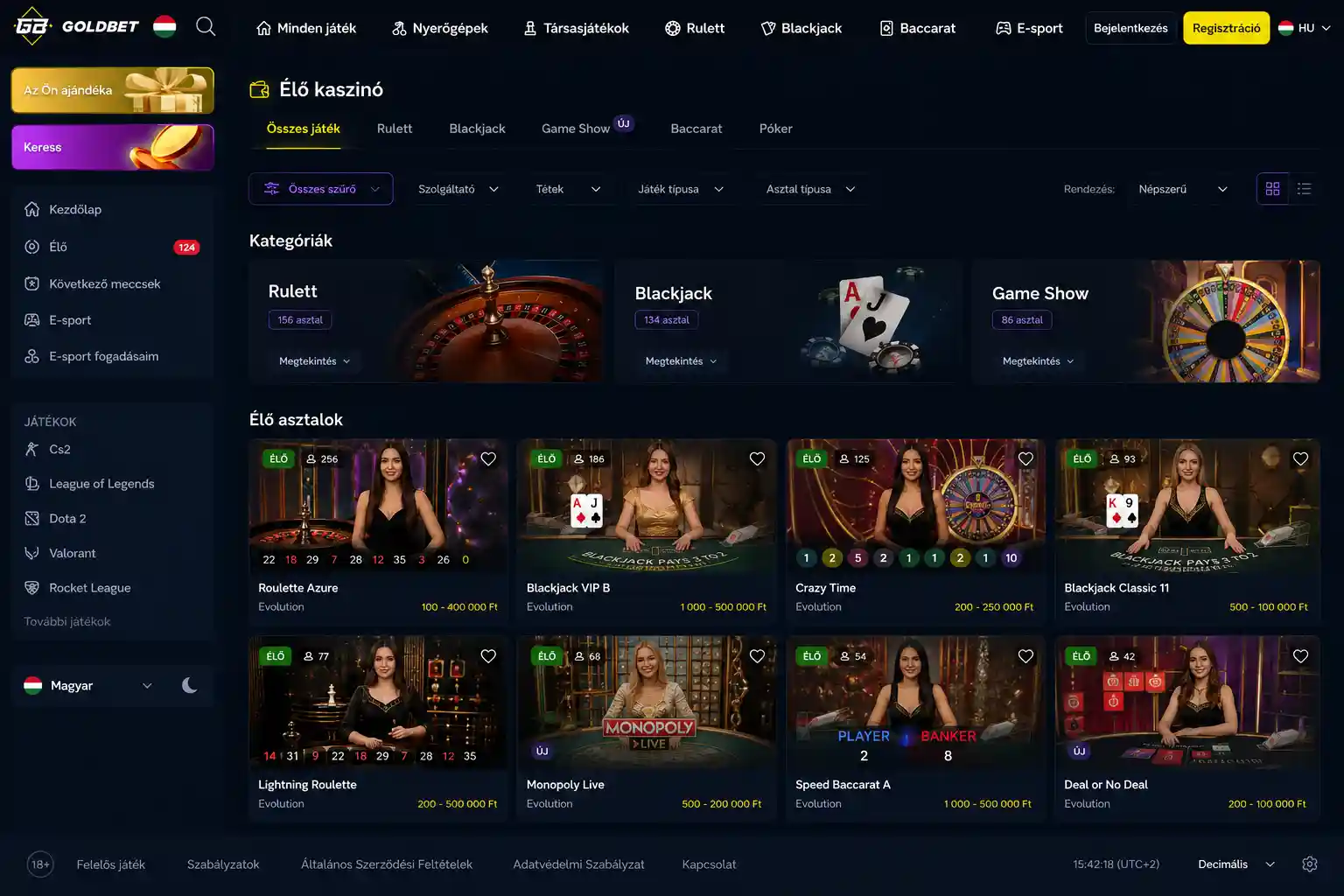 Goldbet élő kaszinó lobby