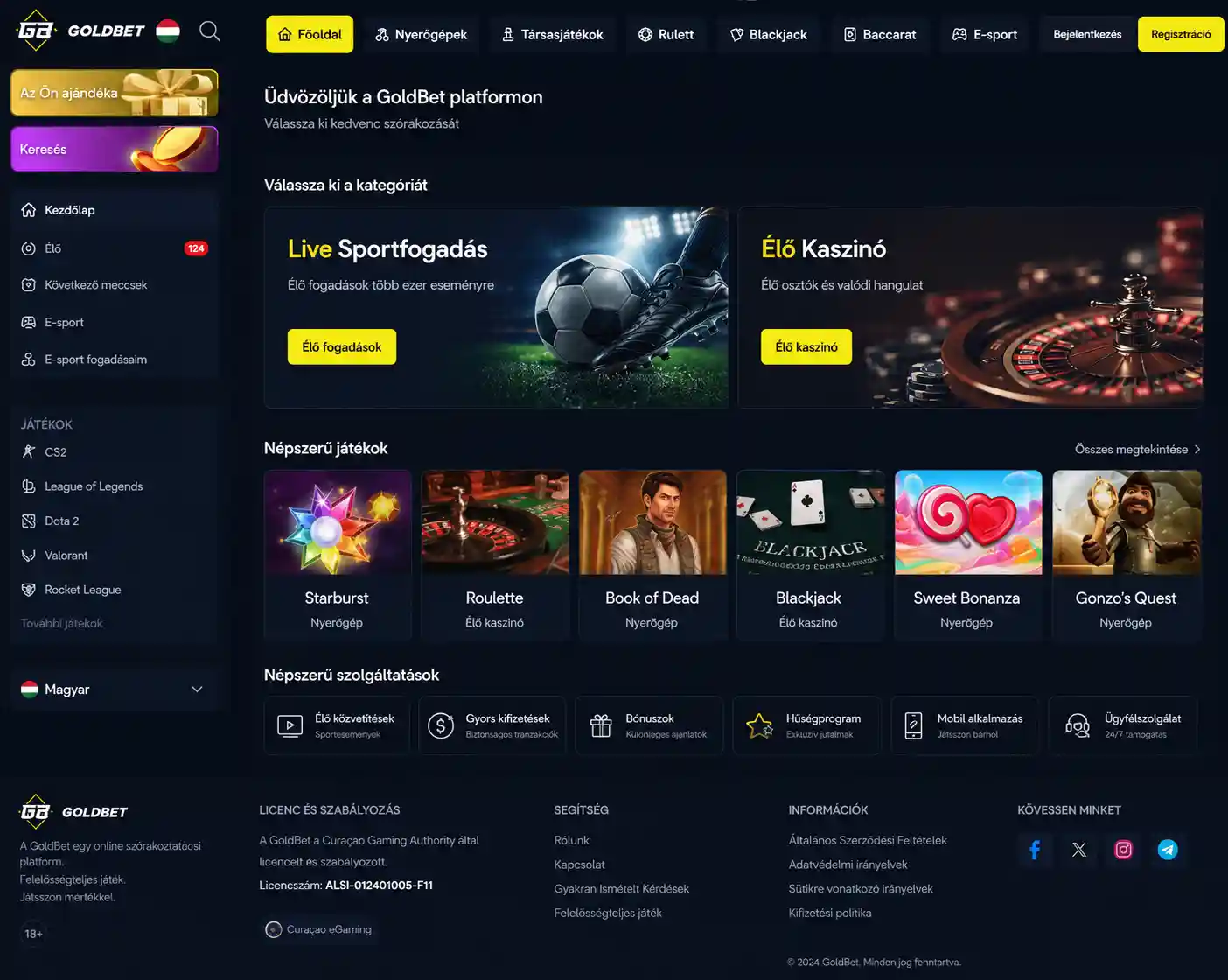 Goldbet Live főmenü