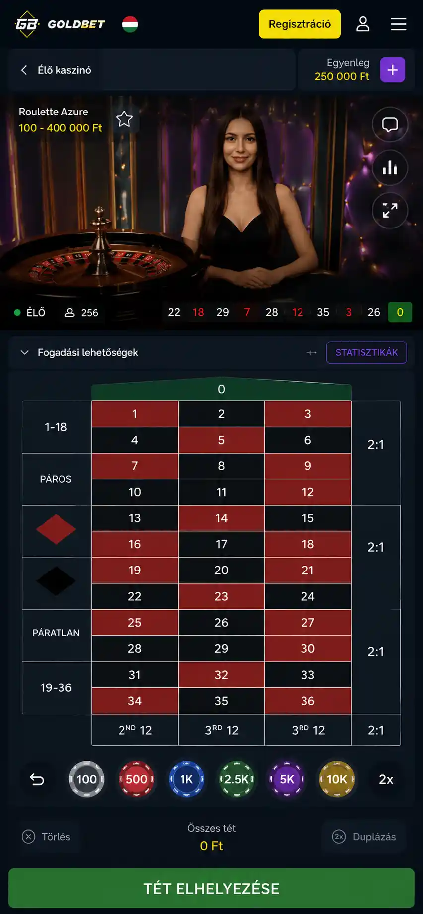 Goldbet Live mobilnézet