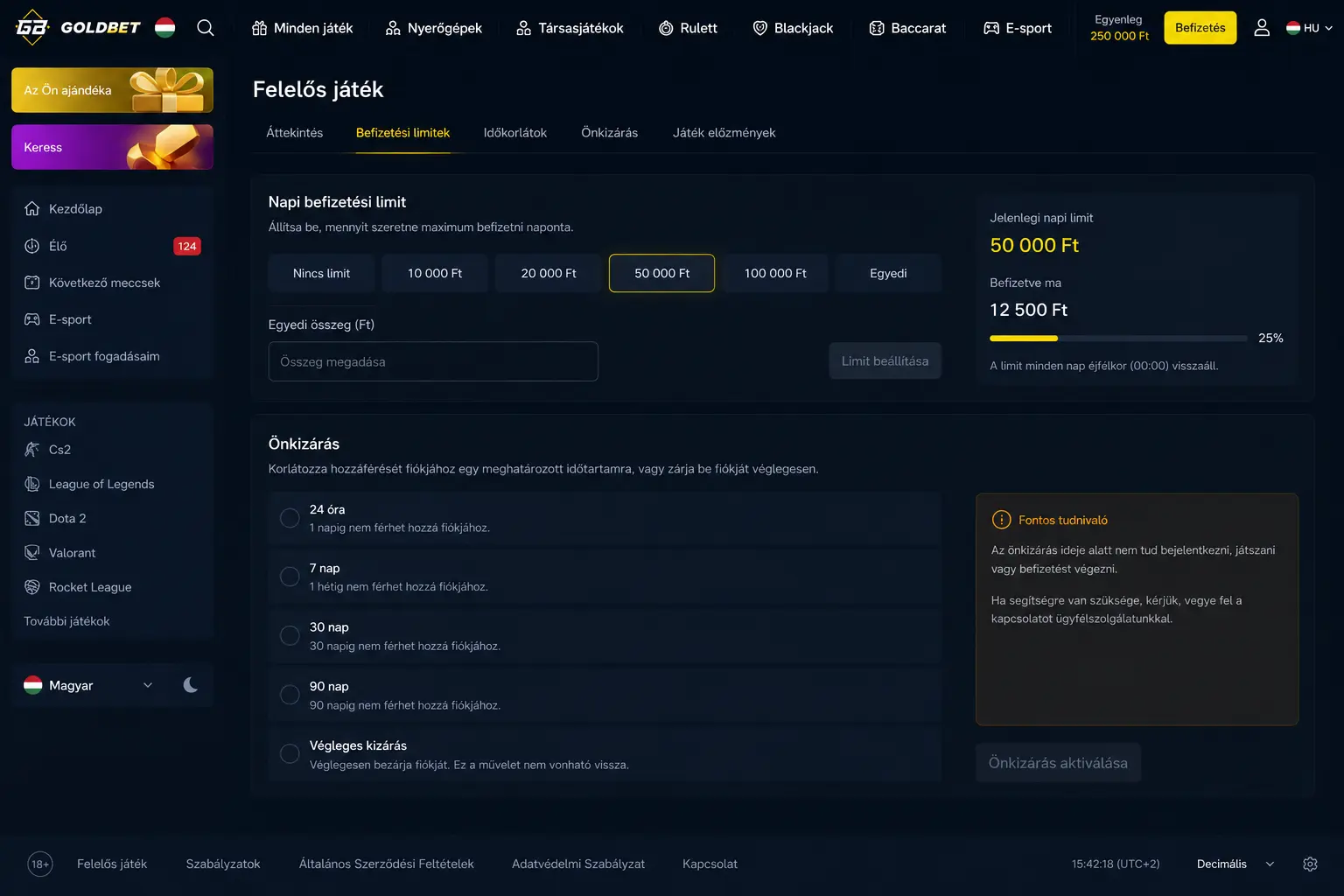 Goldbet felelős játék beállítások