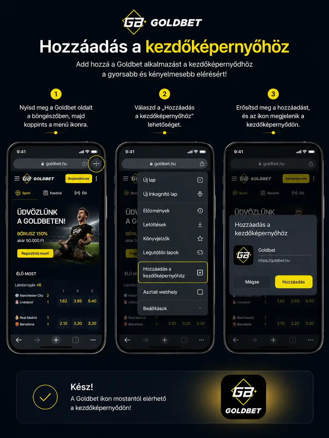Goldbet PWA telepítése a kezdőképernyőre