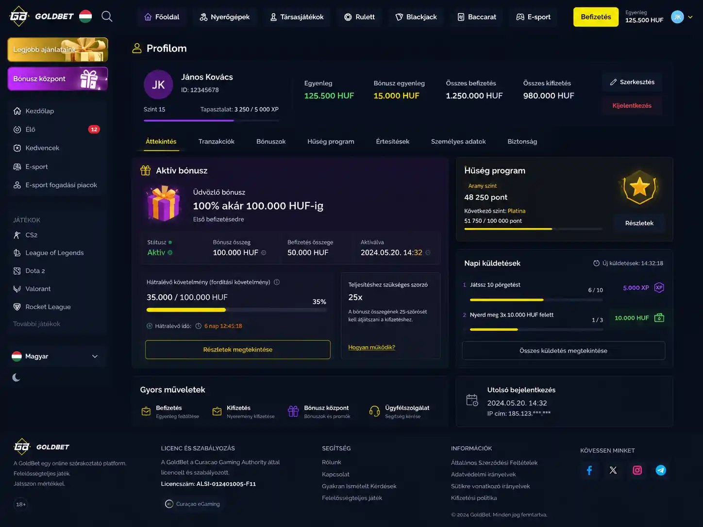 Goldbet profil aktív bónusz megforgatás követése