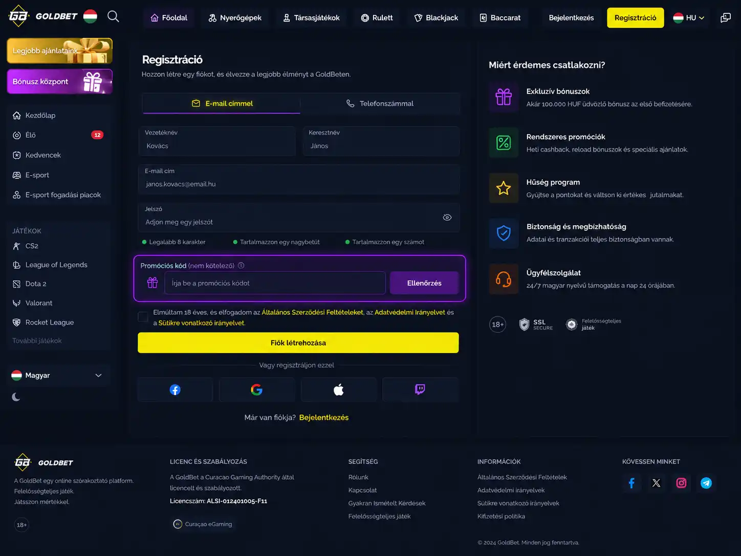 Goldbet regisztrációs űrlap promóciós kód mezővel